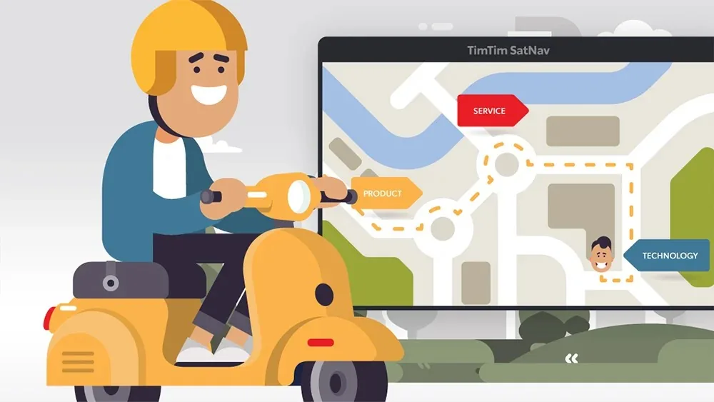 A scooter rider beside a map