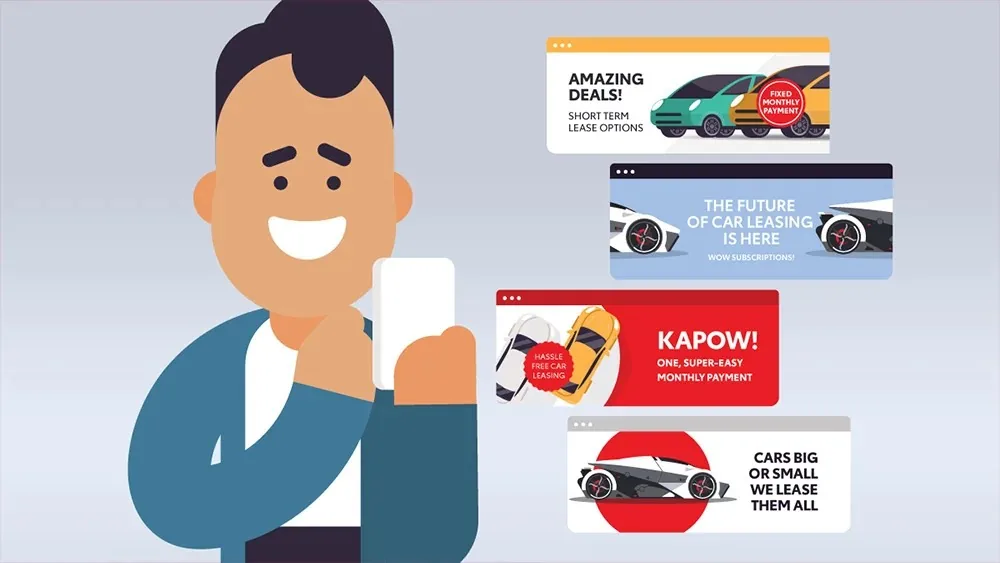 Character comparing car deals on a phone